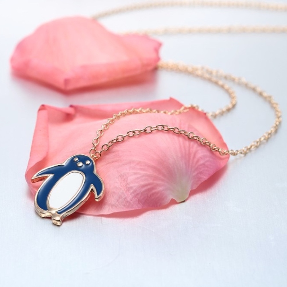 Dainty Blue & White Penguin Pendant Gold Necklace - Picture 2 of 6
